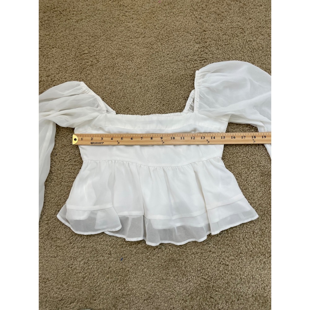Y2K Abercrombie Fitch White Square Neck Smocked Peplum Sheer Sleeve Top Women - Picture 6 of 8